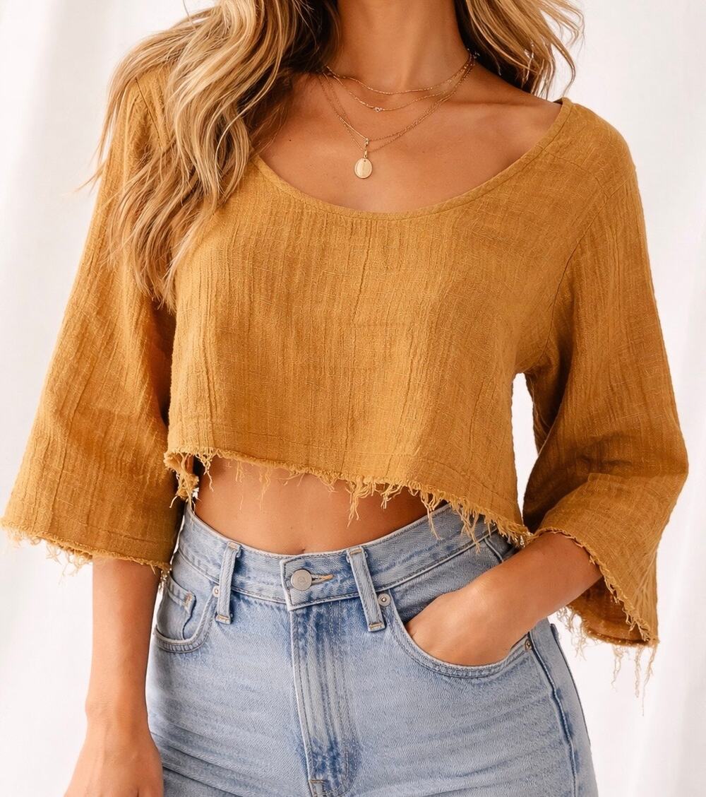 Free People Gauze Crop Top Womens Medium Mustard Boho Peasant Raw Hem Blouse